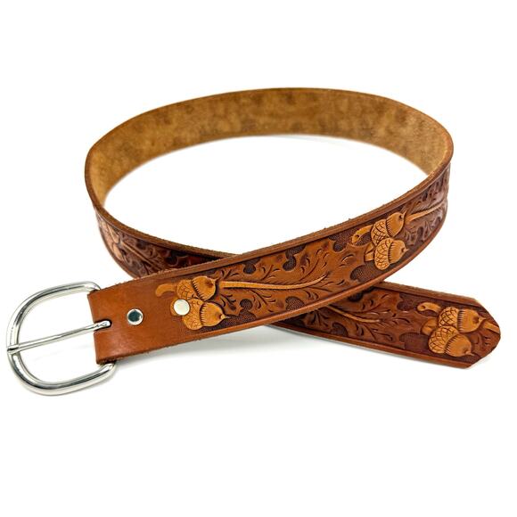 Vintage Tooled Leather Western Belt S 28 Acorns Leaves Tan Brown Cowboy Cowgirl - Picture 1 of 8